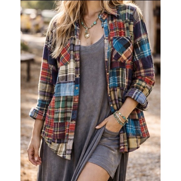 We The Free Lost In Plaid Cropped Patchwork Flannel Shirt Women M Rare Boho - Picture 2 of 13